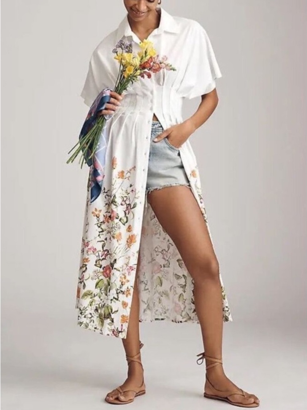 White Floral Midi Shirt Dress with Button-Front Detail